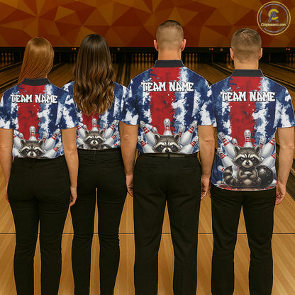 Men women bowling team wearing matching raccoon bowling jerseys, custom bowling uniforms, bowling league team shirts, tournament apparel