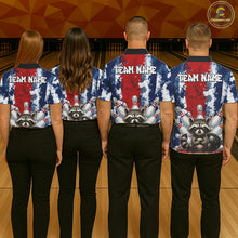 Load image into Gallery viewer, Men women bowling team wearing matching raccoon bowling jerseys, custom bowling uniforms, bowling league team shirts, tournament apparel