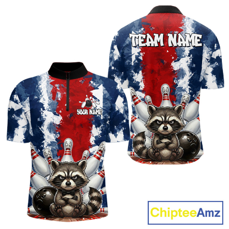 Funny raccoon bowling ball and pins men's bowling quarter-zip shirt, custom bowling jersey, red blue bowling team apparel, tournament bowling uniform