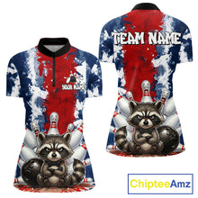 Load image into Gallery viewer, Funny raccoon bowling ball and pins women's bowling quarter-zip shirt, custom bowling jersey, red blue bowling team apparel, tournament bowling uniform
