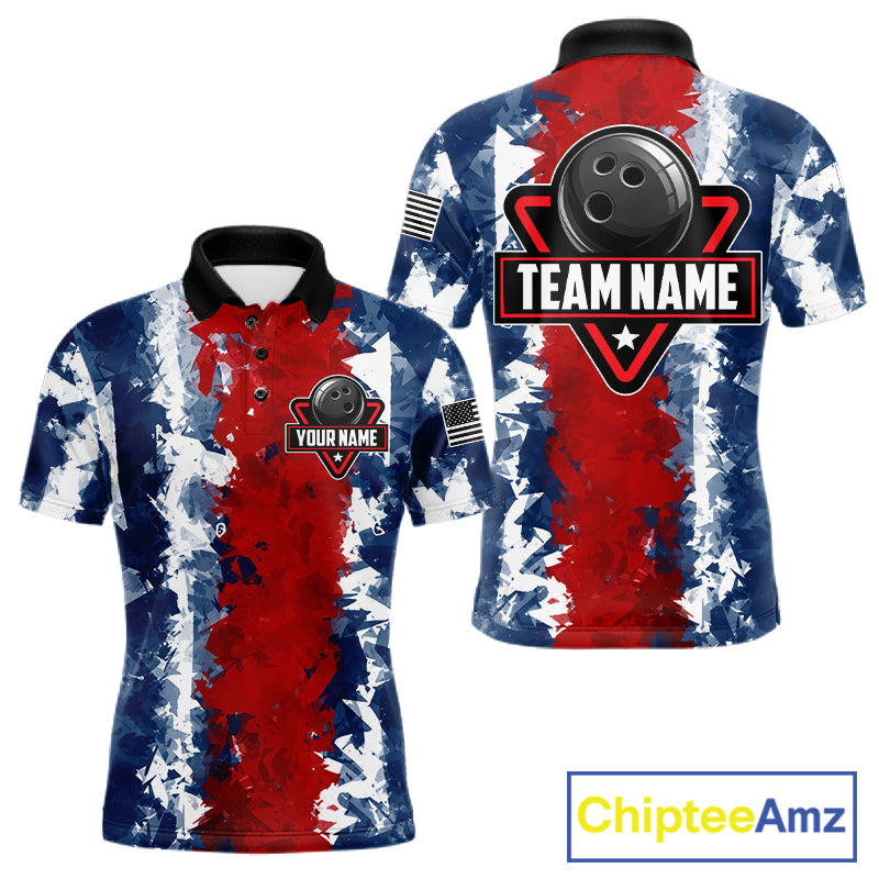 American flag men's bowling polo shirt, patriotic bowling jersey, red blue bowling team uniform, USA bowling apparel, custom bowling league shirt, personalized bowling jersey