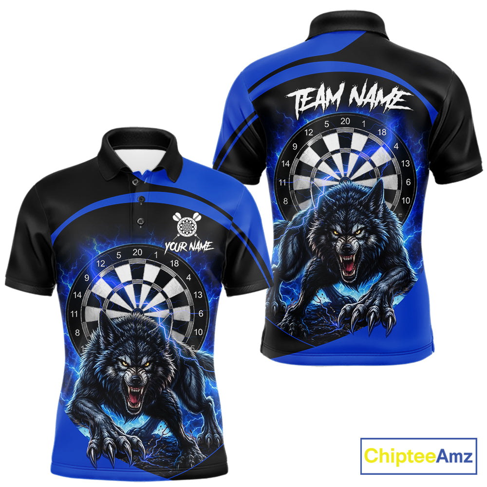 Thunder lightning horror wolf men's darts polo shirt, blue wolf dart jersey, custom dart team uniform, personalized darts apparel, fierce wolf dart clothing