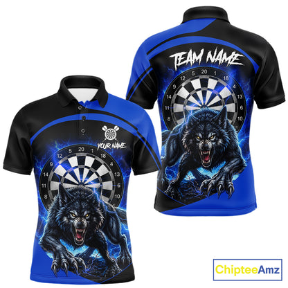Thunder lightning horror wolf men's darts polo shirt, blue wolf dart jersey, custom dart team uniform, personalized darts apparel, fierce wolf dart clothing