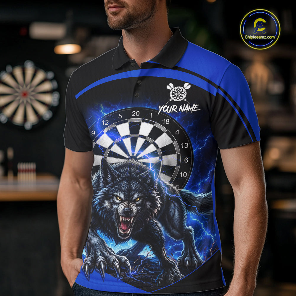 Male darts player wearing horror wolf dart jersey, thunder lightning darts shirt, personalized wolf dart apparel, tournament darts clothing