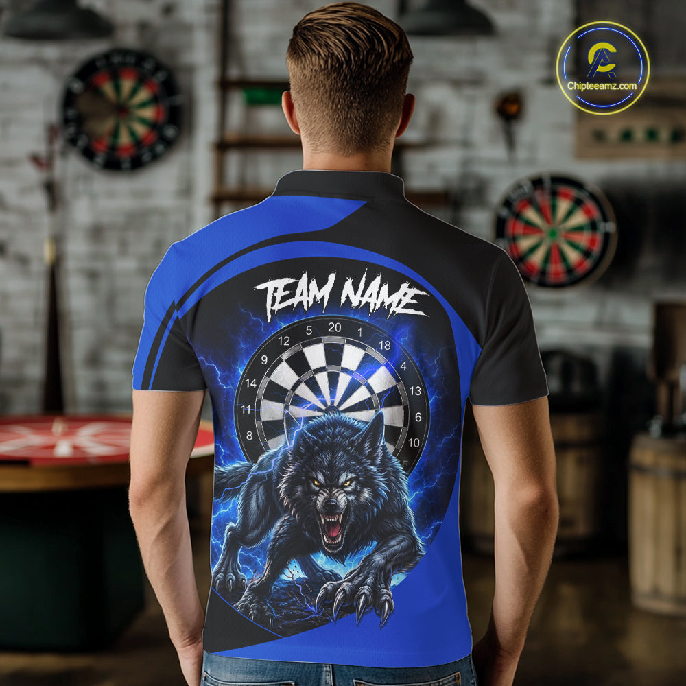 Male darts player wearing horror wolf dart jersey, thunder lightning darts shirt, personalized wolf dart apparel, tournament darts clothing