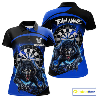 Thunder lightning horror wolf women's darts polo shirt, blue wolf dart jersey, custom dart team uniform, personalized darts apparel, fierce wolf dart clothing