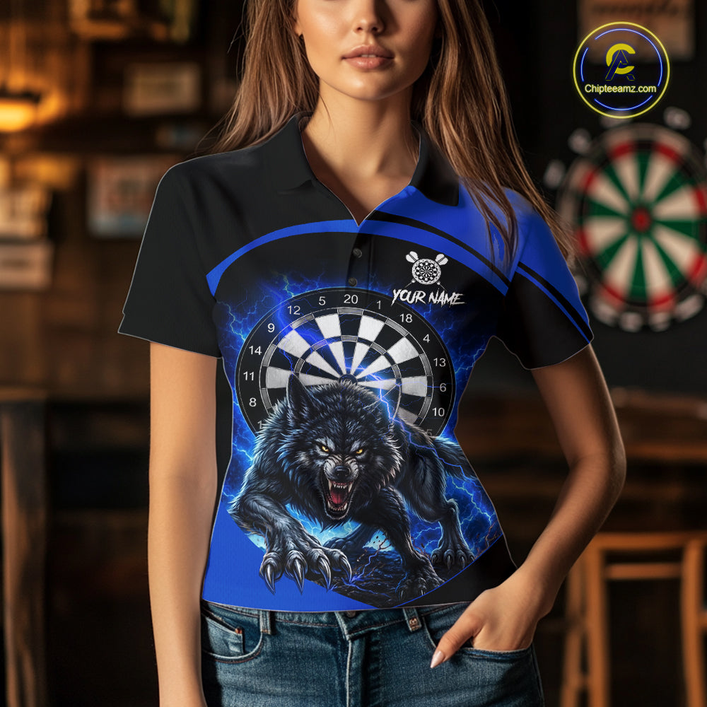 Female darts player wearing horror wolf dart jersey, thunder lightning darts shirt, personalized wolf dart apparel, tournament darts clothing