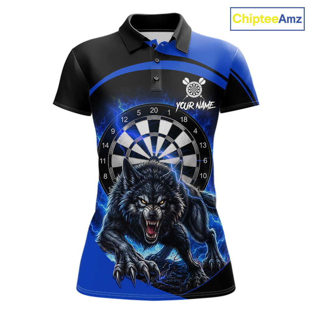 Thunder lightning horror wolf women's darts polo shirt, blue wolf dart jersey, custom dart team uniform, personalized darts apparel, fierce wolf dart clothing