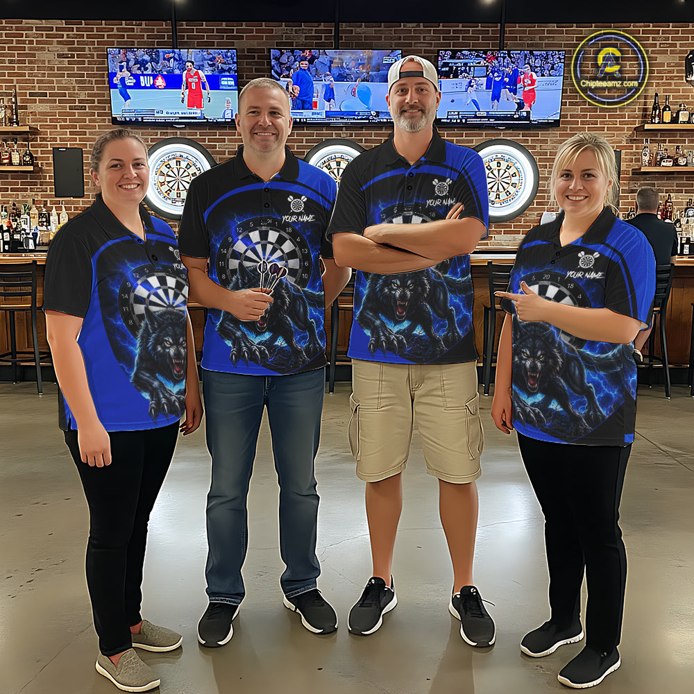 Men women darts team wearing matching thunder lightning wolf dart jerseys, custom darts uniforms, competitive dart league apparel