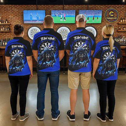 Men women darts team wearing matching thunder lightning wolf dart jerseys, custom darts uniforms, competitive dart league apparel