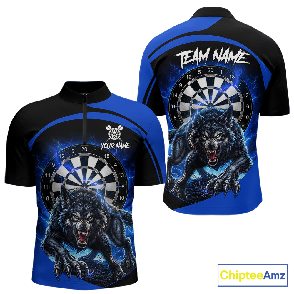 Thunder lightning horror wolf men's quarter-zip dart shirt, custom wolf dart jersey, personalized darts team apparel, blue lightning dart uniform