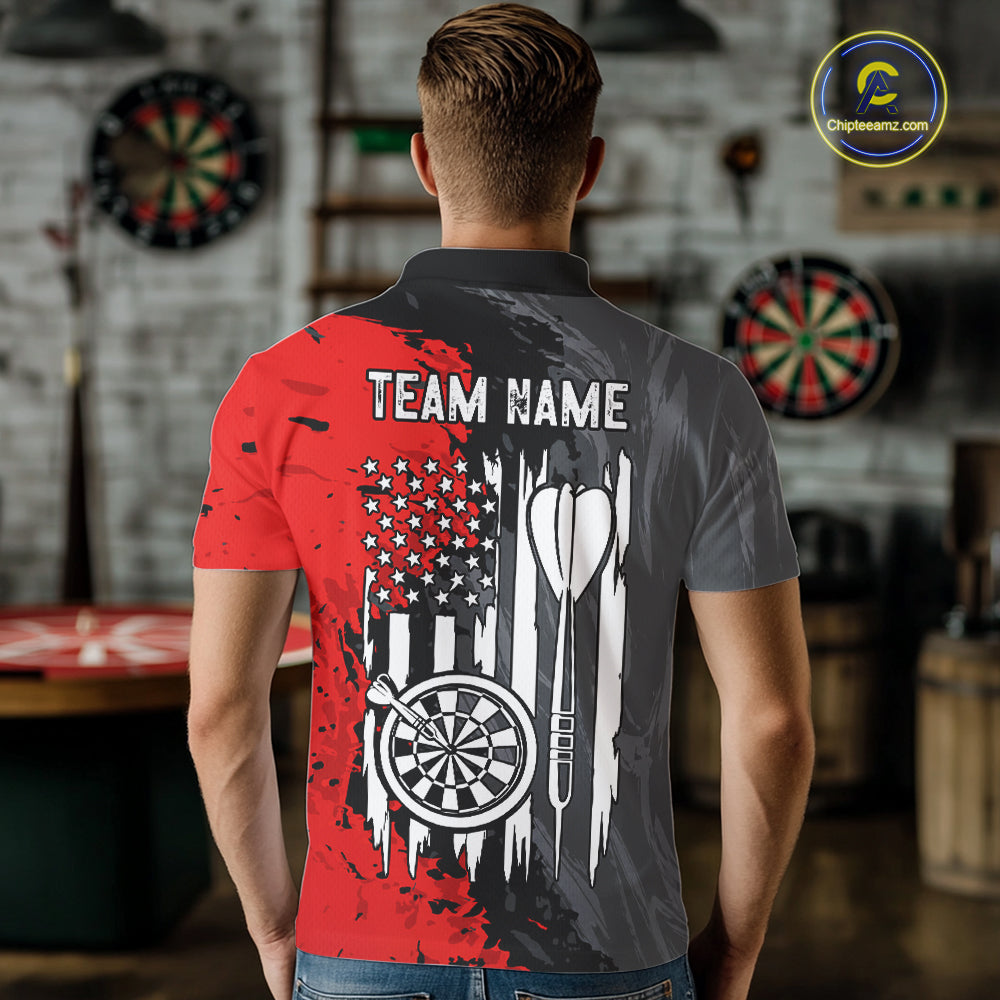 Male model wearing Splatter Red & Grey custom American Flag darts polo shirt at tournament, patriotic team jersey, competitive dart league apparel, confidence, freedom, teamwork