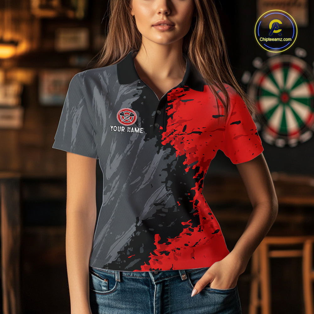 Female model wearing Splatter Red & Grey American Flag darts polo during league tournament, personalized patriotic dart apparel, confidence, precision, USA pride, athletic lifestyle, sports bar competition