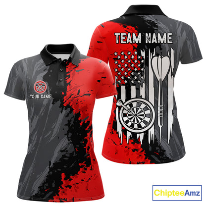 Custom Splatter Red & Grey Women's Darts Polo Shirt, American Flag Patriot Team Jersey, Personalized Dart League Uniform, Red Splatter Performance Polo, Tournament Apparel, USA Pride, Veteran Tribute, Precision, Leadership, Competitive Spirit
