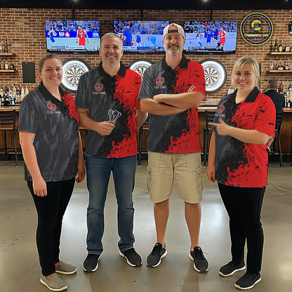 Professional darts team wearing matching Splatter Red & Grey American Flag polo and quarter-zip jerseys, personalized league uniforms, patriotic tournament apparel, teamwork, military appreciation, unity, championship performance