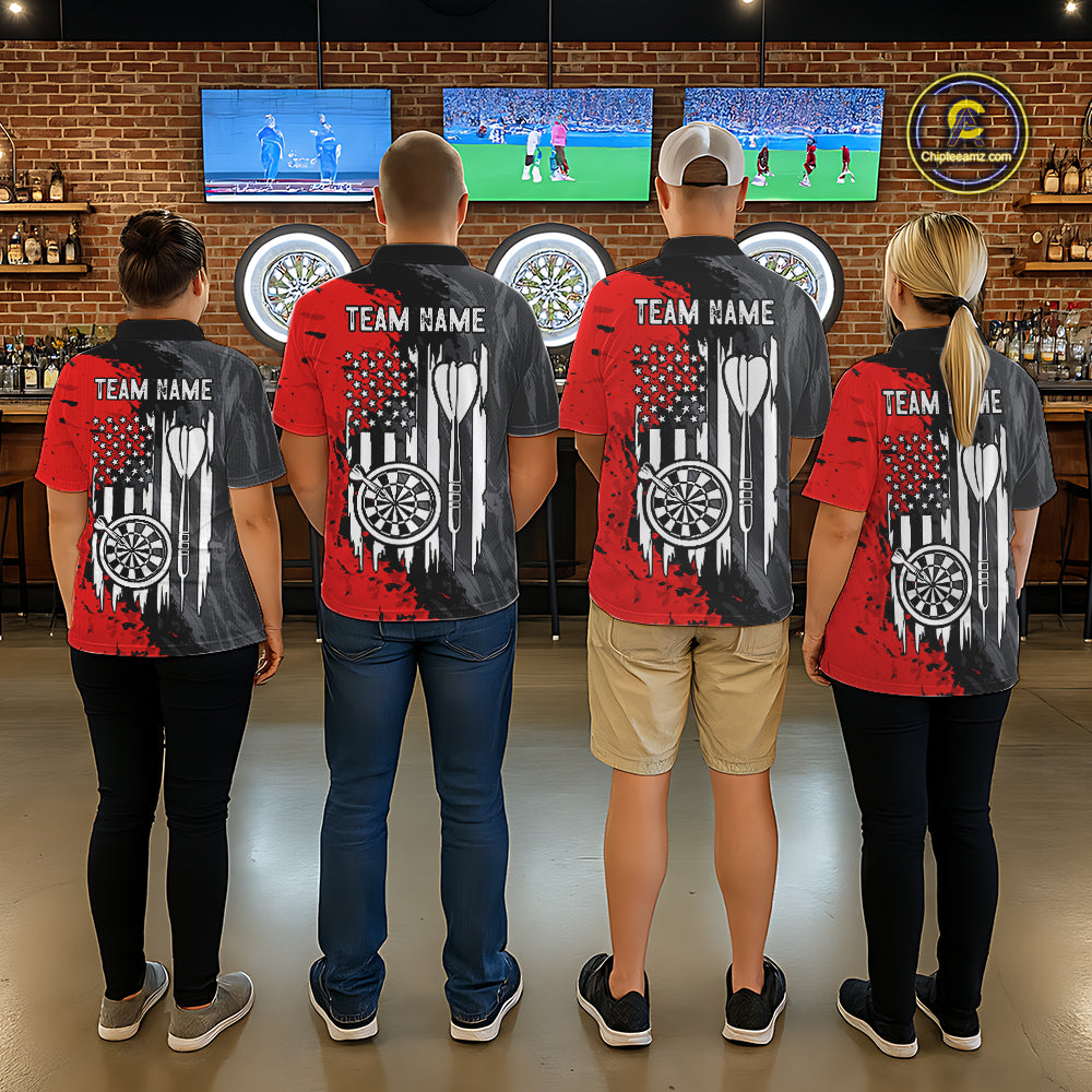 Professional darts team wearing matching Splatter Red & Grey American Flag polo and quarter-zip jerseys, personalized league uniforms, patriotic tournament apparel, teamwork, military appreciation, unity, championship performance