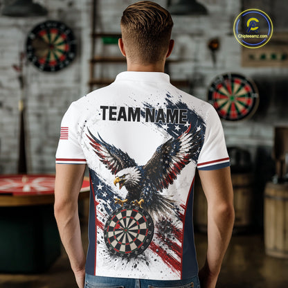 Male model wearing Vintage Eagle Grunge custom darts polo shirt at league competition, patriotic eagle apparel, vintage sports style, leadership, determination