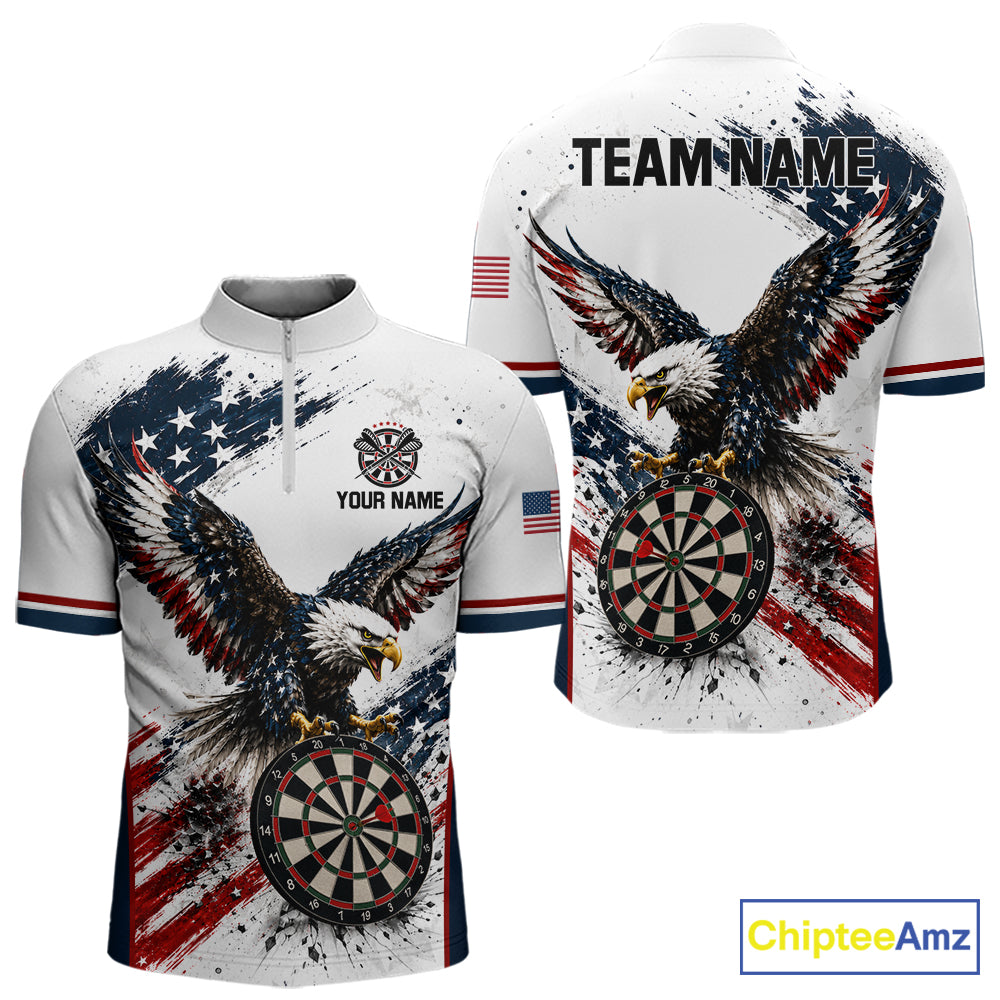 Vintage Eagle Grunge Men's Quarter-Zip Darts Shirt, Personalized Eagle Dart League Jersey, American Flag Athletic Tournament Apparel, Strength, Confidence & Championship Spirit