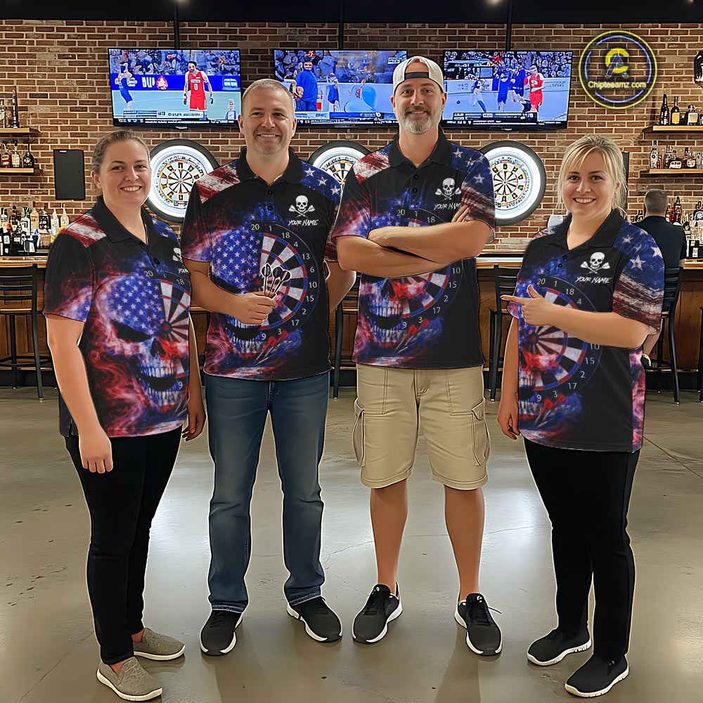 Smoke US Flag Skull Dartboard Women Darts Quarter-Zip Shirt Custom Retro Patriotic Darts Jerseys NYN2550
