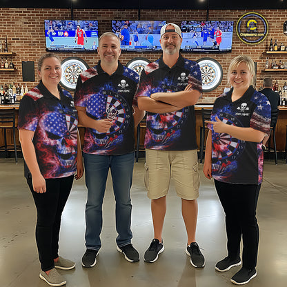Smoke US Flag Skull Dartboard Women Darts Quarter-Zip Shirt Custom Retro Patriotic Darts Jerseys NYN2550