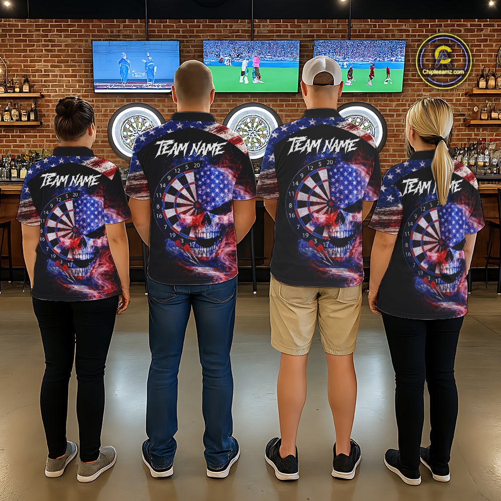 Smoke US Flag Skull Dartboard Women Darts Quarter-Zip Shirt Custom Retro Patriotic Darts Jerseys NYN2550