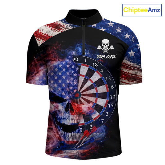 Smoke US Flag Skull Dartboard Men Darts Quarter-Zip Shirt Custom Retro Patriotic Darts Jerseys NYN2550