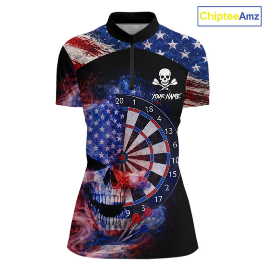 Smoke US Flag Skull Dartboard Women Darts Quarter-Zip Shirt Custom Retro Patriotic Darts Jerseys NYN2550