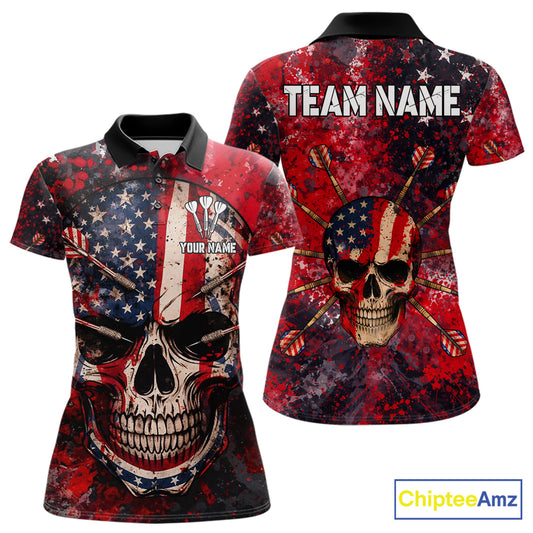 Red Grunge US Flag Skull Dart Arrow Women Darts Polo Shirt Custom Retro Darts Team Jerseys NYN2552
