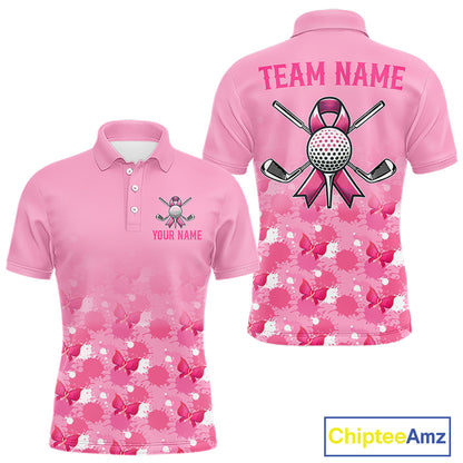 Pink polo shirt with floral pattern on front and golf-themed design on back, featuring 'Team Name' and 'Your Name' text space.