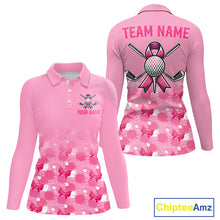 Load image into Gallery viewer, Pink golf polo shirt with Breast Cancer Awarenes design and customizable text on a white background