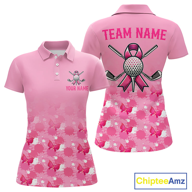 Pink golf polo shirt with Breast Cancer Awarenes design and customizable text on a white background