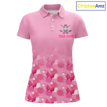 Load image into Gallery viewer, Pink golf polo shirt with Breast Cancer Awarenes design and customizable text on a white background