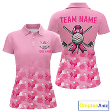 Load image into Gallery viewer, Pink golf polo shirt with Breast Cancer Awarenes design and customizable text on a white background