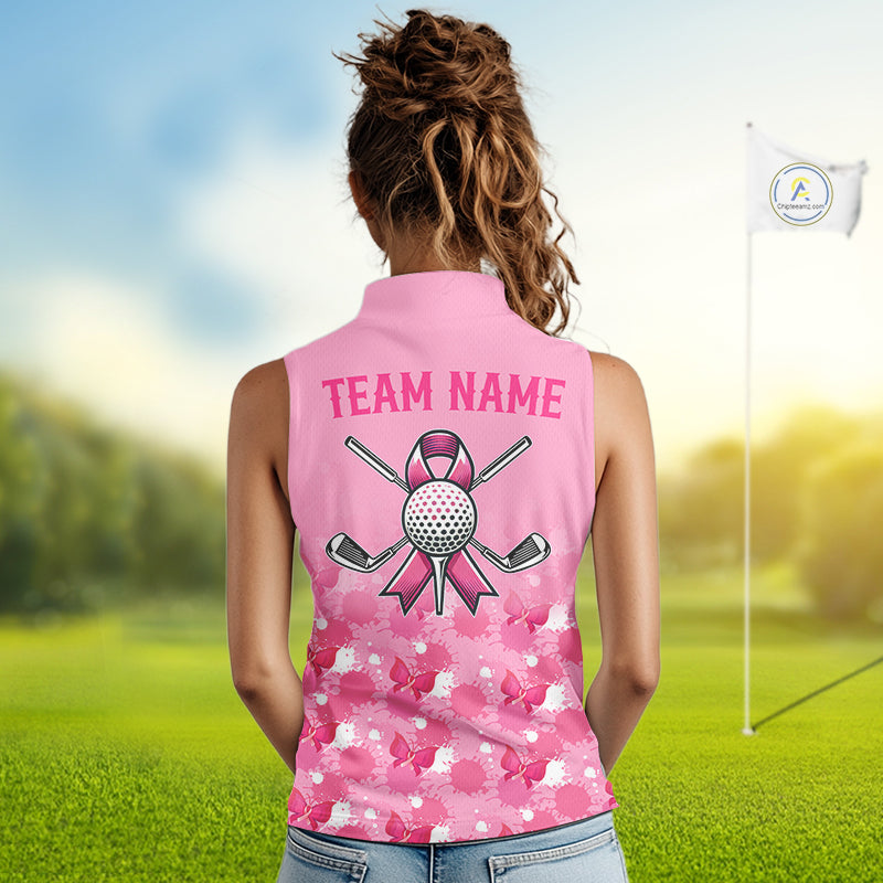 Woman wearing a pink sleeveless shirt with a golf design and 'Team Name' text on a golf course.