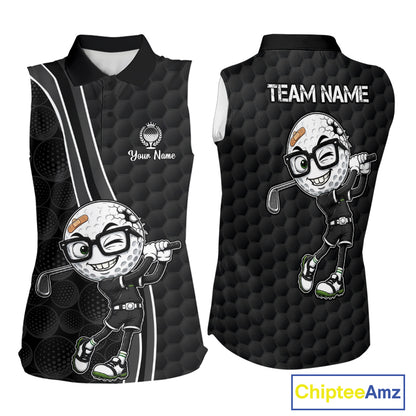 Sleeveless sports jersey with cartoon golf ball character and customizable text on a white background
