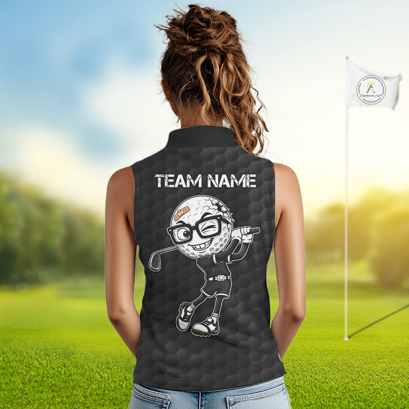 Person wearing a sleeveless shirt with a cartoon golf ball character and 'Team Name' text on a golf course.
