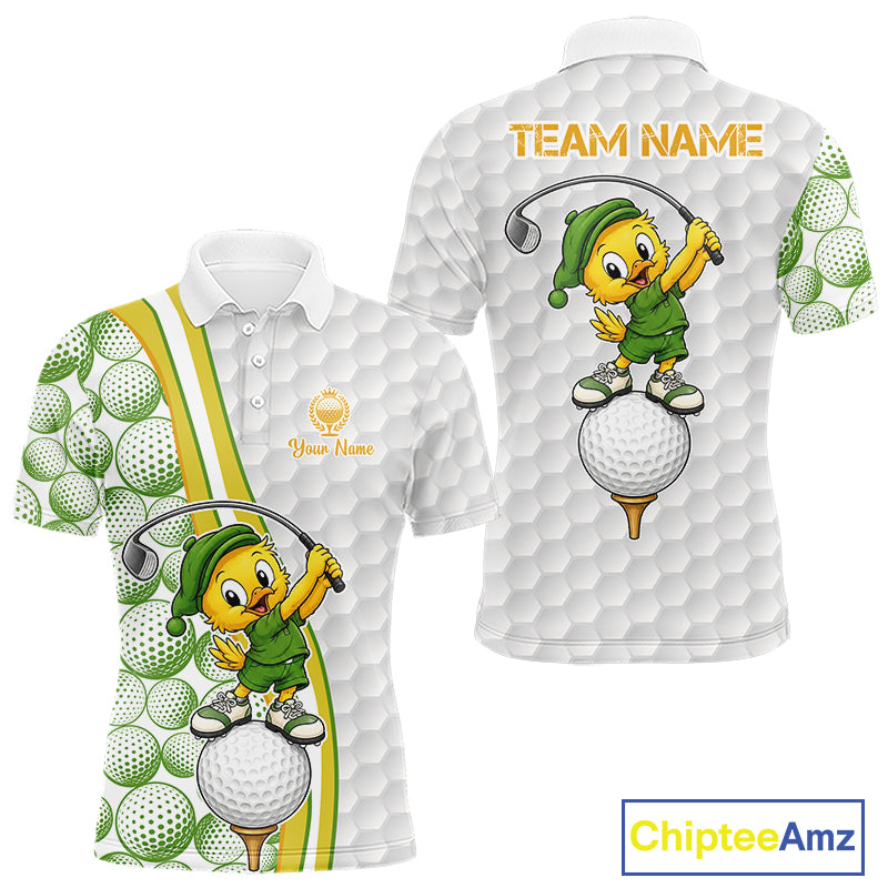 Golf-themed polo shirt with cartoon duck character and customizable text on a white background