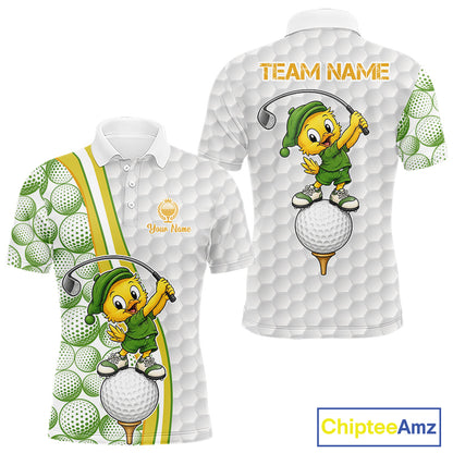 Golf-themed polo shirt with cartoon duck character and customizable text on a white background