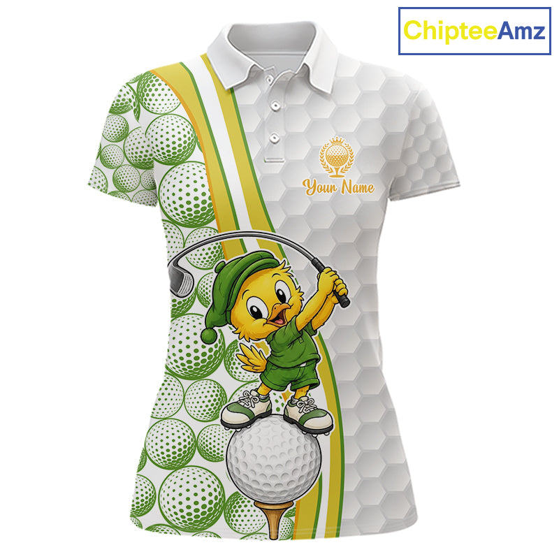 Golf-themed polo shirt with duck cartoon character and golf ball patterns