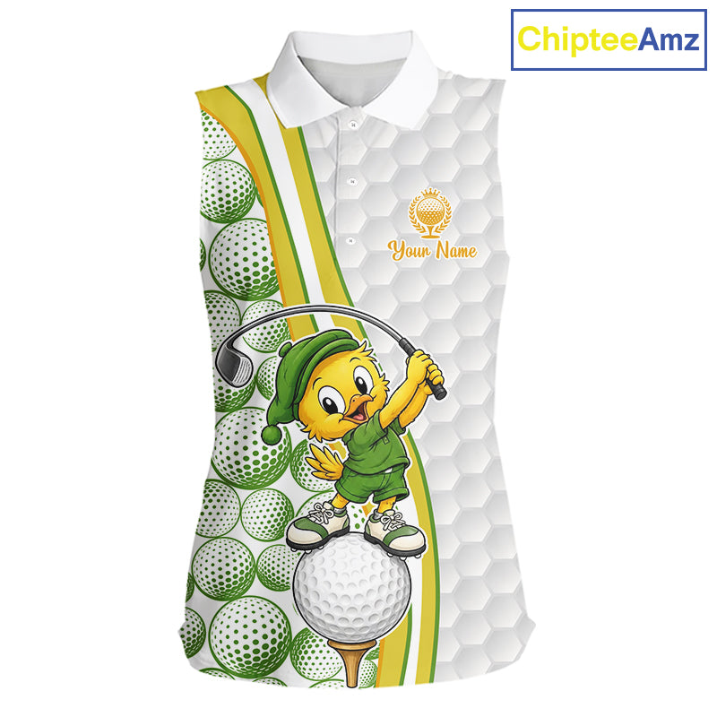 Golf-themed sleeveless shirt with cartoon character and golf ball design