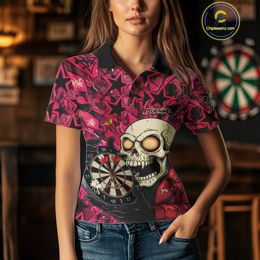 Pink Star Funny Skeleton Dartboard Custom Women Polo Dart Shirt Funny Dart Jerseys NYN1759