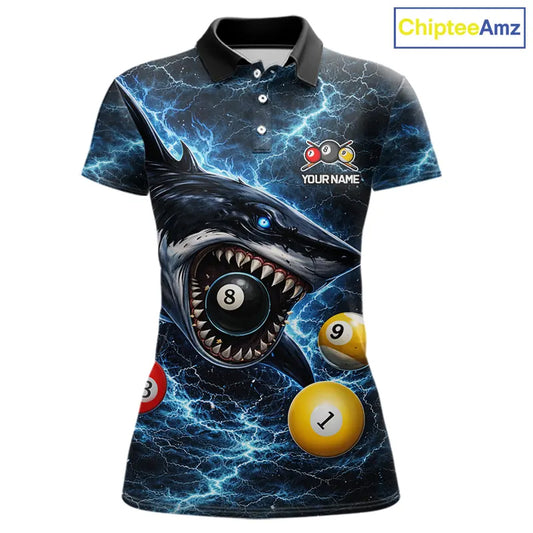 Thunder Blue Funny Shark Play Pool 8 Ball Women's Billiard Shirt Custom Billiard Team League Attire NYN2558