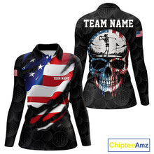 Load image into Gallery viewer, Black golf ball American skull golf polo  long sleeve shirt for women patriotic team outfit