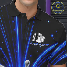 Load image into Gallery viewer, Male bowler wearing Thunder Bowling Ball And Pins blue lightning bowling jersey custom league uniform