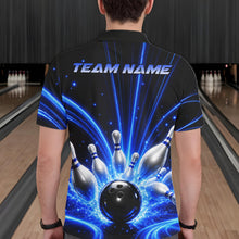 Load image into Gallery viewer, Male bowler wearing Thunder Bowling Ball And Pins blue lightning bowling jersey custom league uniform