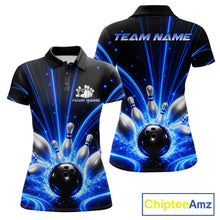 Load image into Gallery viewer, Thunder Bowling Ball And Pins Bowling Polo Shirt For Women Custom Blue Lightning Bowling Team Jersey Personalized League Apparel