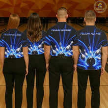 Load image into Gallery viewer, Men women bowling team wearing Thunder Bowling Ball And Pins blue lightning bowling jerseys matching league apparel