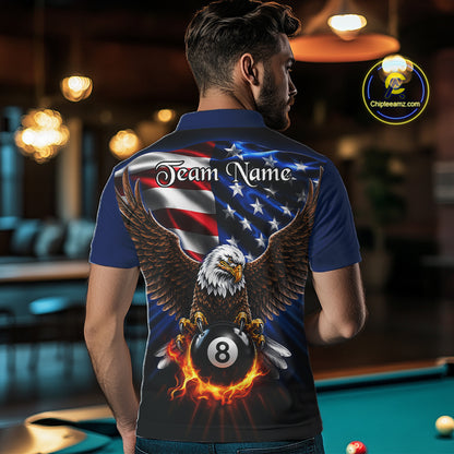 Male model wearing Fire Flame Eagle billiard polo at pool tournament, American Flag team jersey, professional cue sports athlete