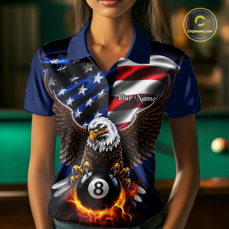 Female model wearing Fire Flame Eagle billiard polo during APA league tournament, patriotic cue sports apparel, confidence, leadership, competitive player