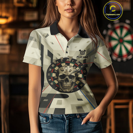 Geometric Dartboard Beige Skull Custom Women Polo Dart Shirt Gifts For Dart Players NYN1767